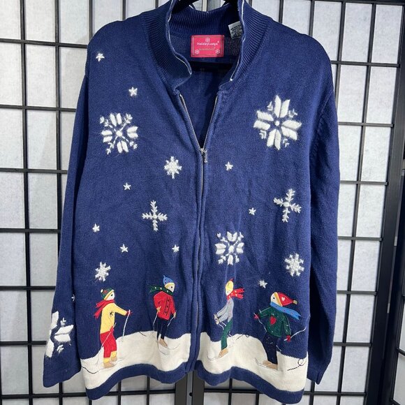 Holiday Lodge By NorthCrest Sweaters - Vintage Holiday Lodge  Womens Snowman Cardigan Jacket 2X Blue Winter Sweater Ful